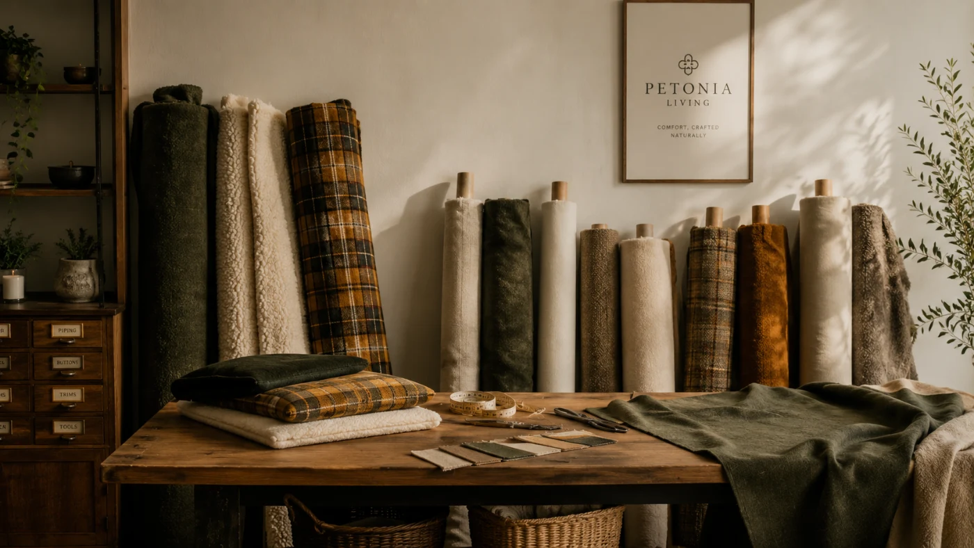 Textile workspace with bolts of forest green, cream sherpa, and amber tartan fabric