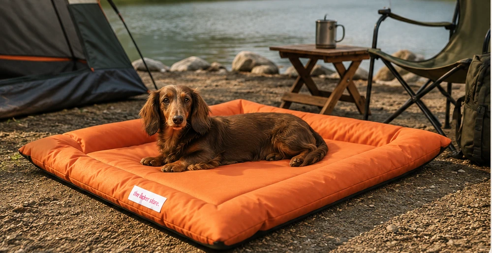 Labrador on the Petonia Living all-weather waterproof bed on a patio