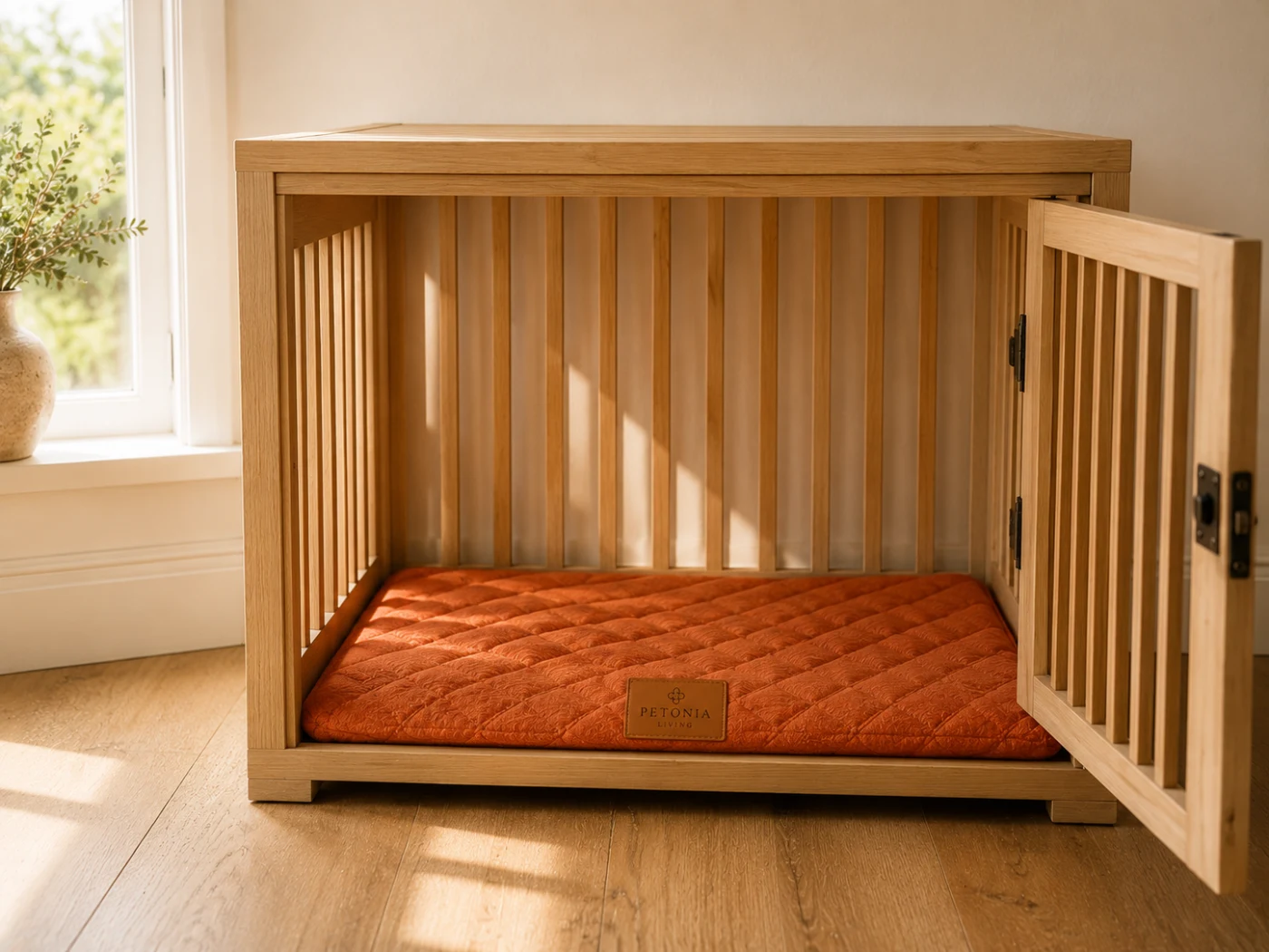 Dog relaxing on the Petonia Living Crate Companion low-profile floor bed