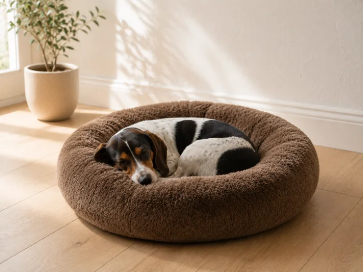 Small dog curled up in the Petonia Living Snuggler donut pet bed