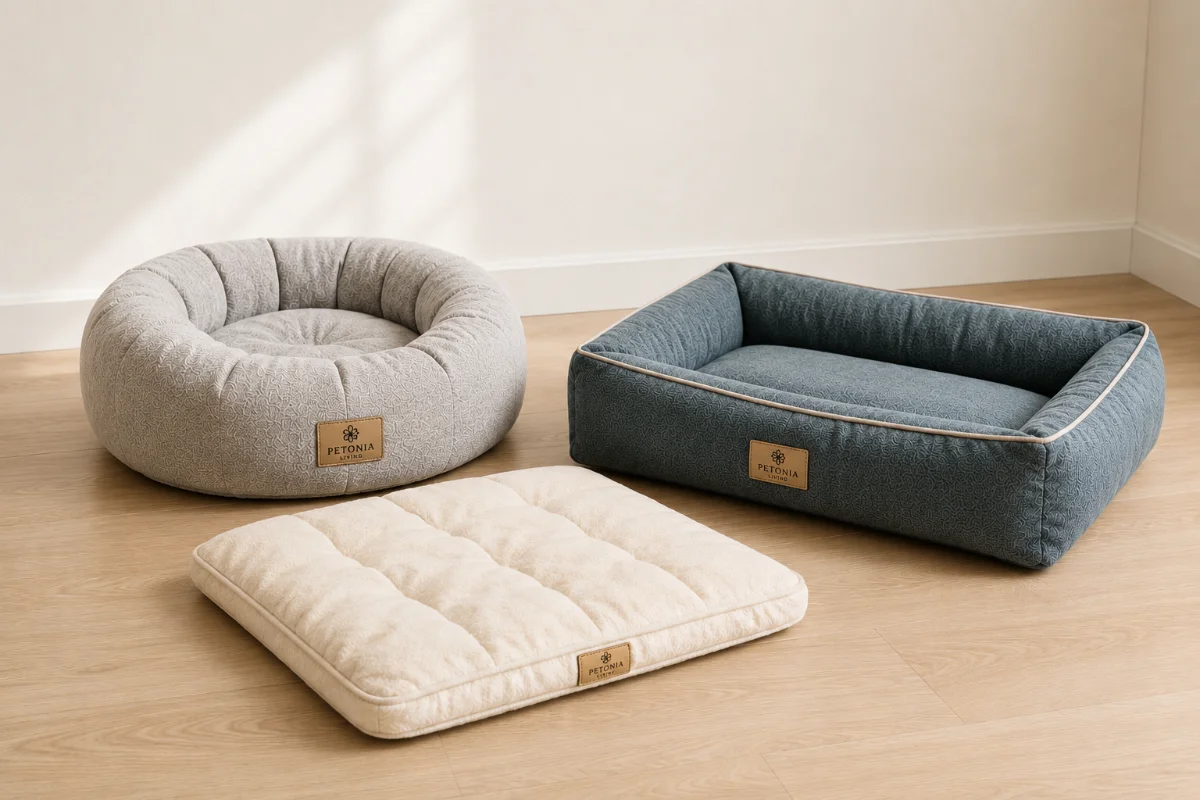 Corgi resting in a Petonia Essentials taupe fabric pet bed