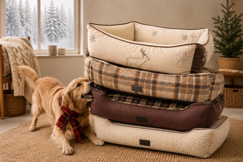 Petonia Living Heritage dog bed in tartan and woven plaid