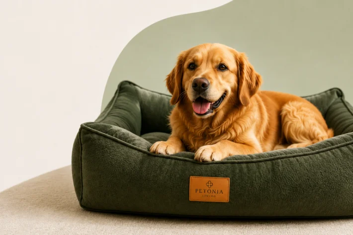 Golden Retriever sleeping peacefully on a forest green Petonia Living pet lounger