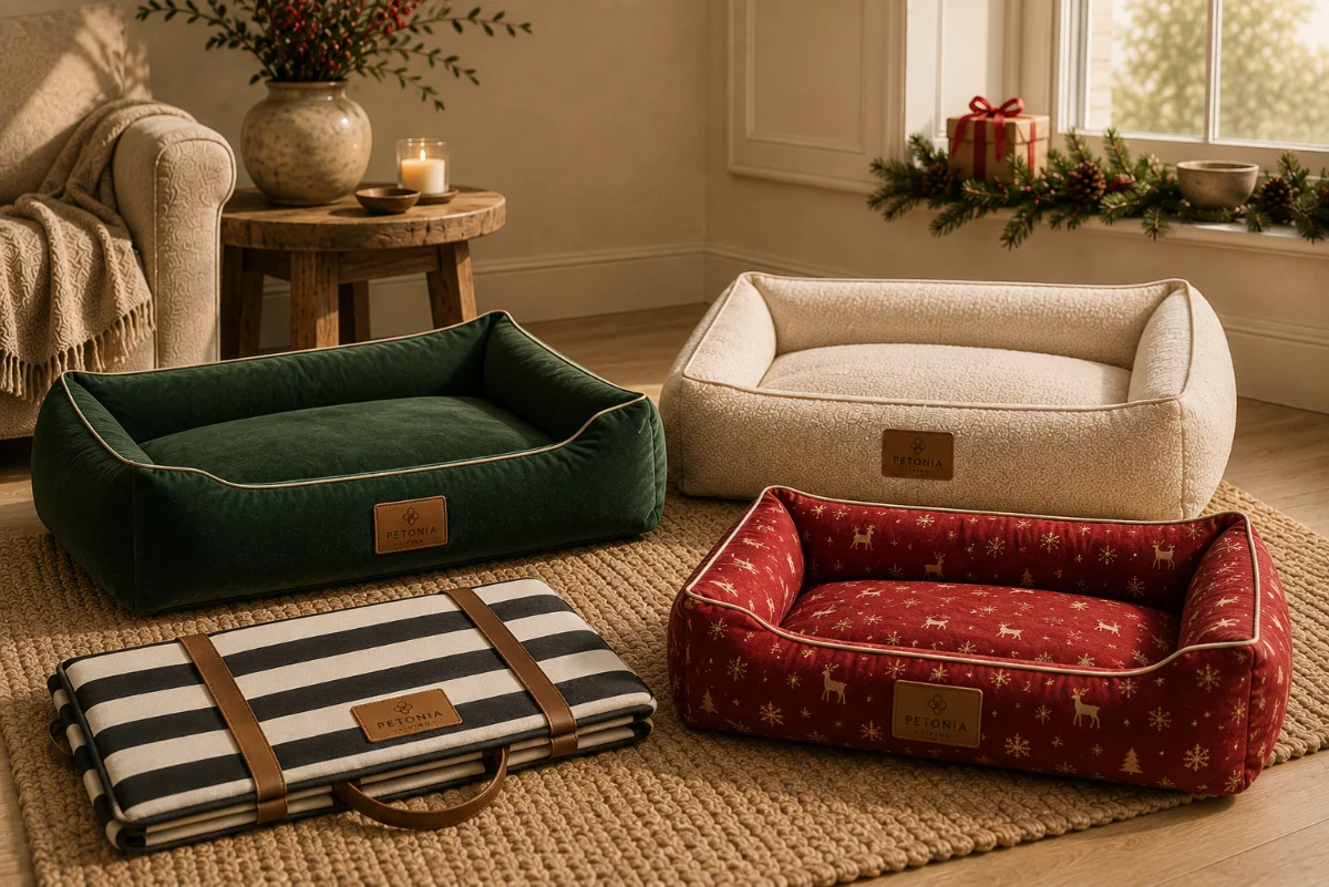 Poodle resting in a Petonia Signature forest green velvet pet bed