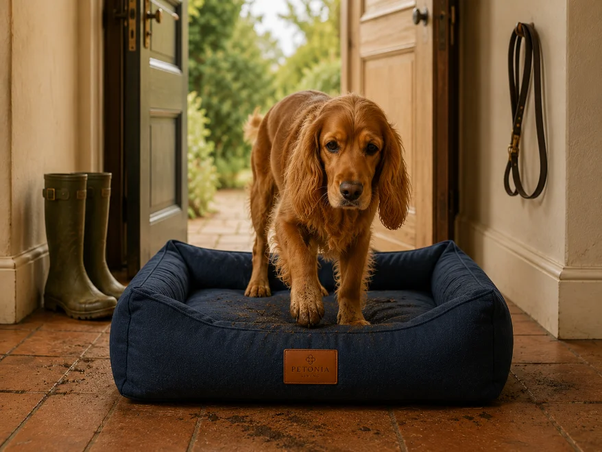 Petonia Living Water Shield dog bed with water droplets on the fabric