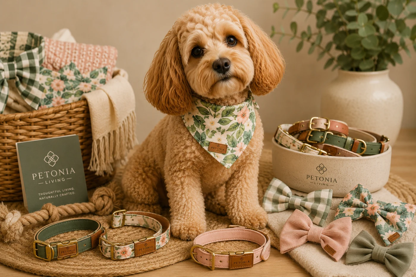Flatlay of coordinated dog collars, bibs, bows and bandanas from Petonia Living