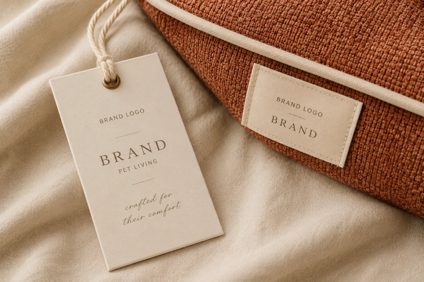 Premium swing tag and sewn-in label for Petonia Living private label products