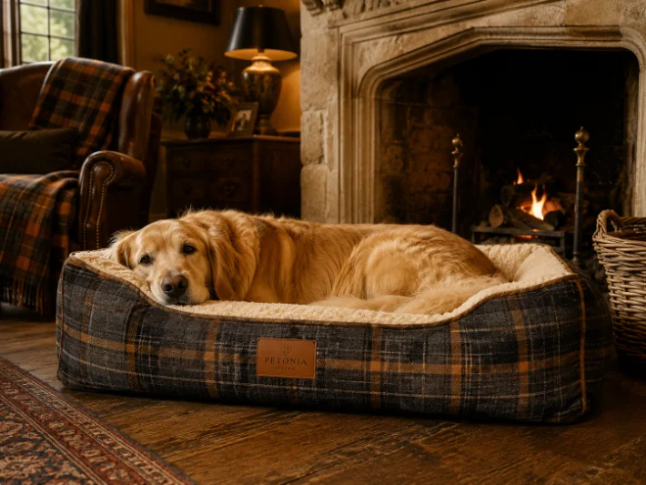 Large dog relaxing on the Petonia Living Heritage tartan lounger