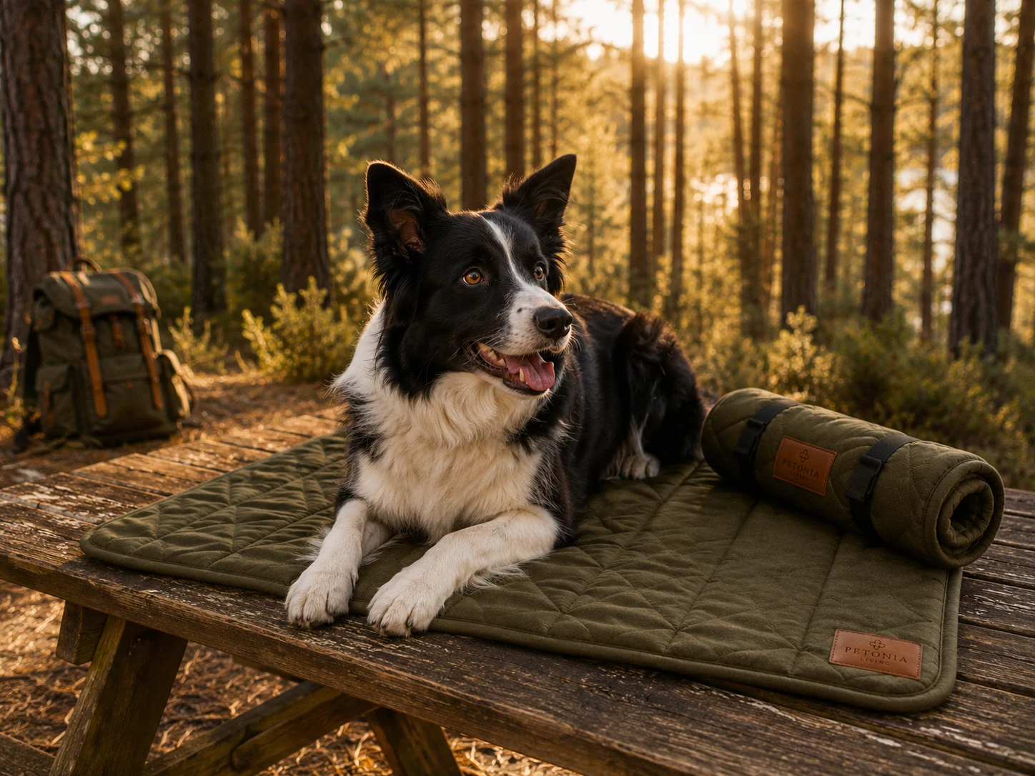 Petonia Living quilted outdoor roll mat with a dog in a forest camping setting