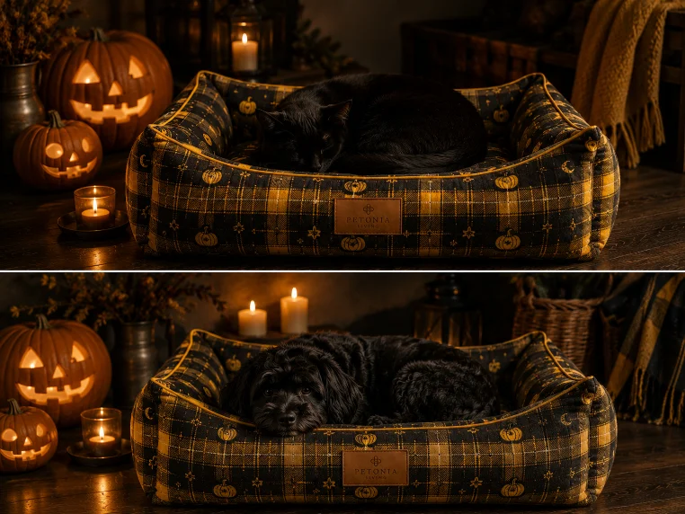 Petonia Living Halloween seasonal pet bed on a festive retail display