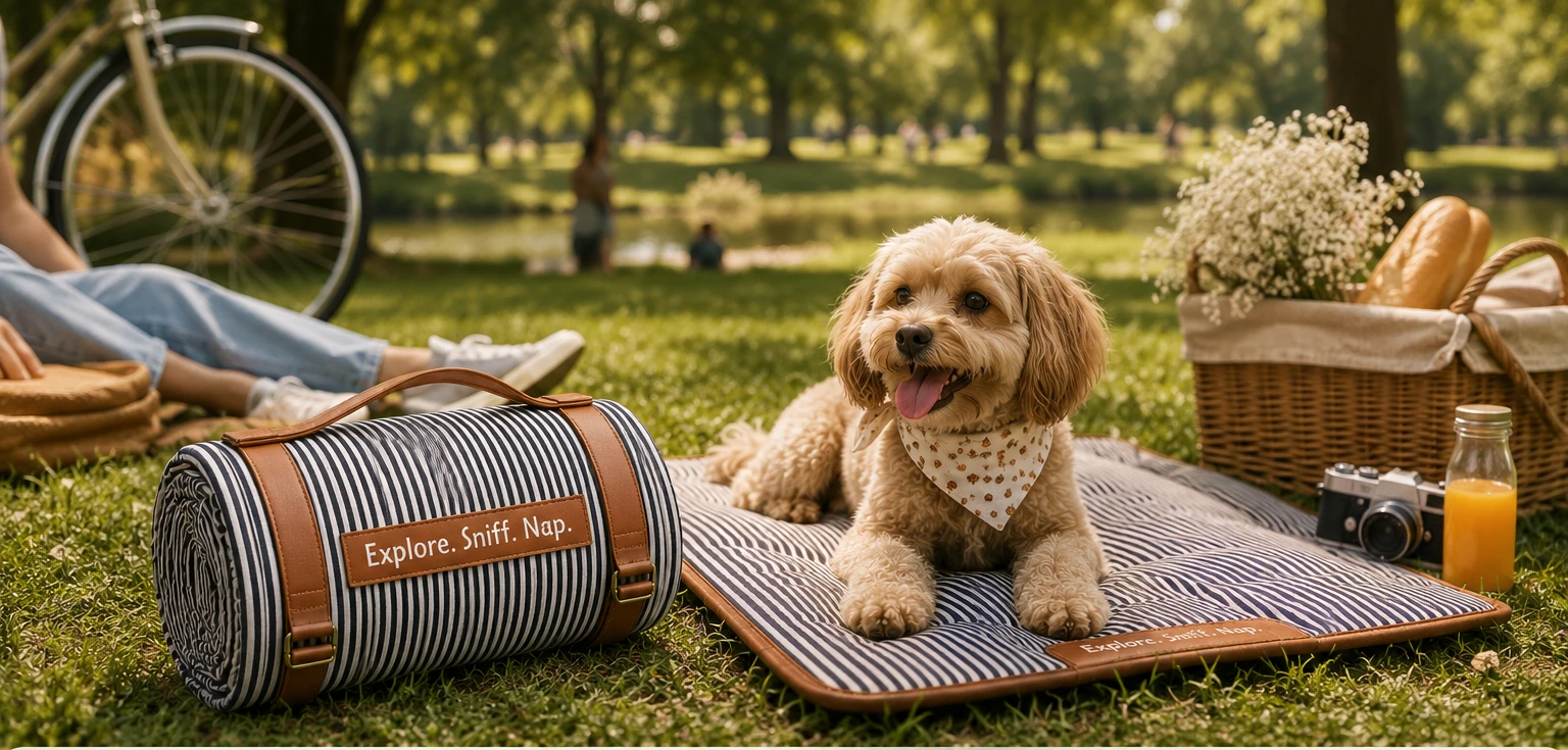 Petonia Living rolled travel mat with carry handle beside a dog outdoors