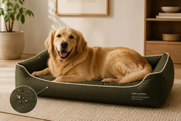 Dog beside the Petonia Living Water Shield water-repellent lounger by a back door