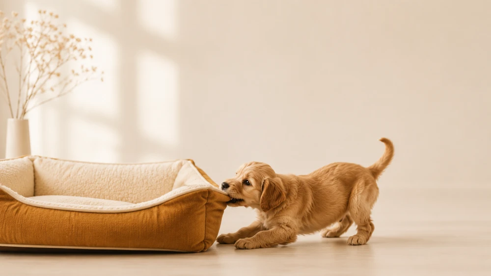 Golden Retriever puppy playing with a Petonia lounger
